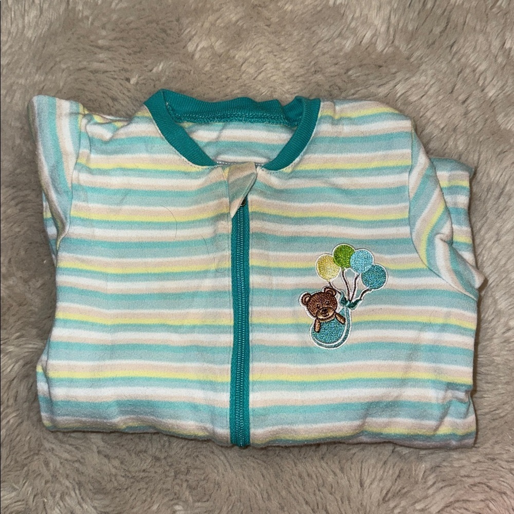 🍄6 M Tuffy, Striped Teal and White Kids One Piece with teddy bear and balloons